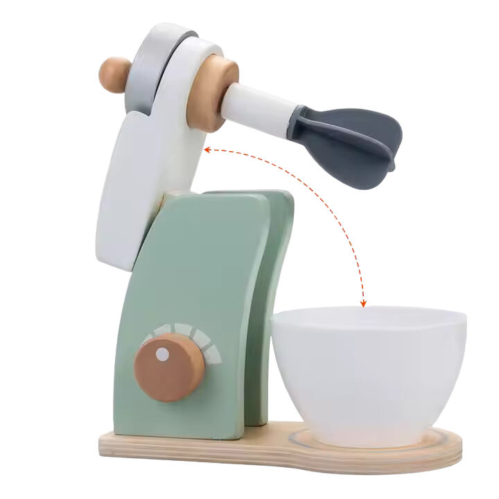Children's toy kitchen mixer set with a wooden base, white bowl, and green accents