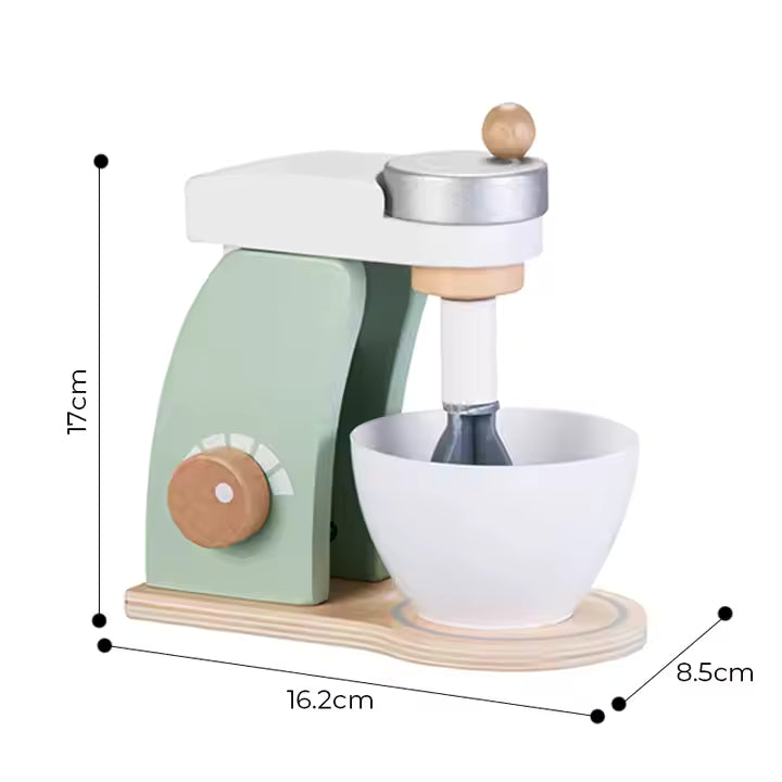 Children's toy kitchen mixer set with a wooden base, white bowl, and green accents. Measures 17*16.2*8.5