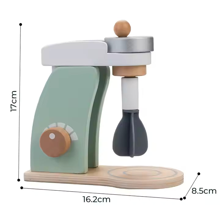 Children's toy kitchen mixer set with a wooden base, white bowl, and green accents. Measures 17*16.2*8.5
