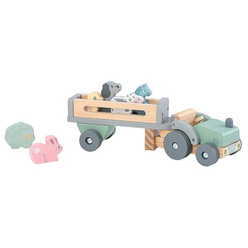 Wooden toy truck with a pasture scene and farm animals in pastel colors.