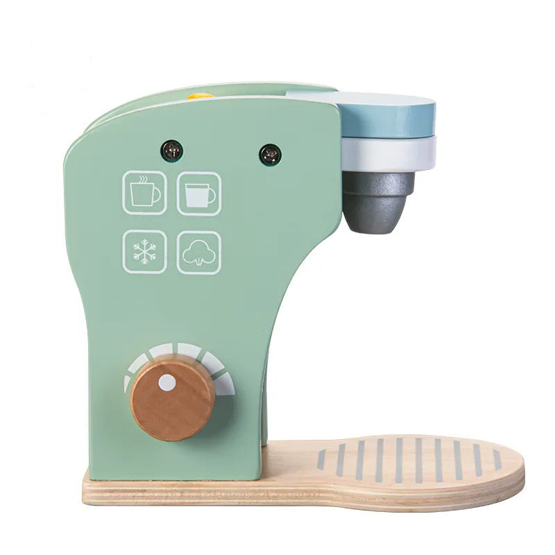 A wooden coffee maker toy set in pastel colors, side view