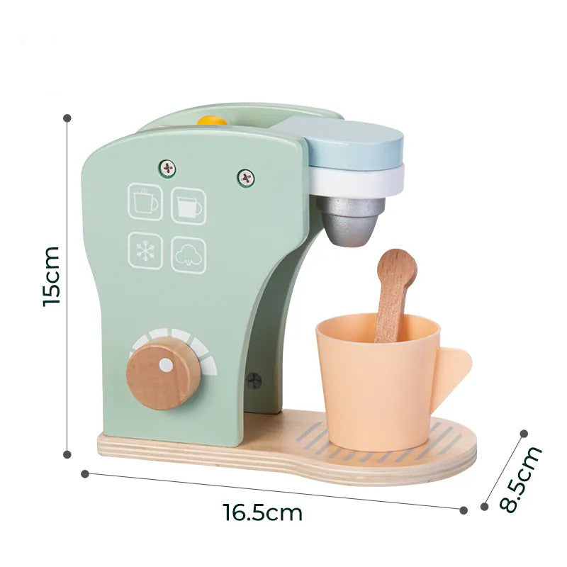 Wooden coffee machine, showing the measures 15*16.5*8.5cm