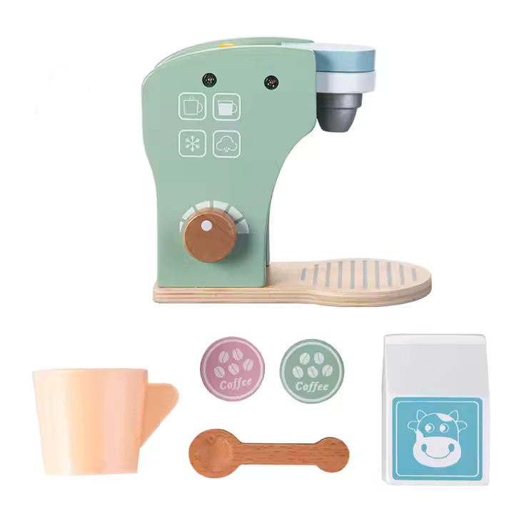 A wooden coffee maker toy set in pastel colors, including a cup, spoon, milk carton, and coffee pods.
