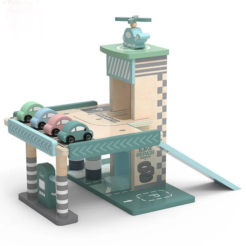 A wooden playset featuring a parking garage with elevators and a ramp, gas station with vehicles, and a repair shop.