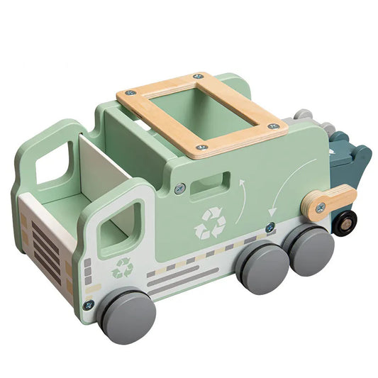 A wooden recycling truck toy with green accents and recycling symbols, alongside two recycling bins and sorting tiles.