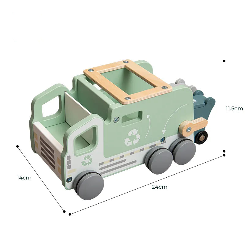 A wooden recycling truck toy with green accents and recycling symbols, alongside two recycling bins and sorting tiles. Measures: 14cm*24cm*11.5cm