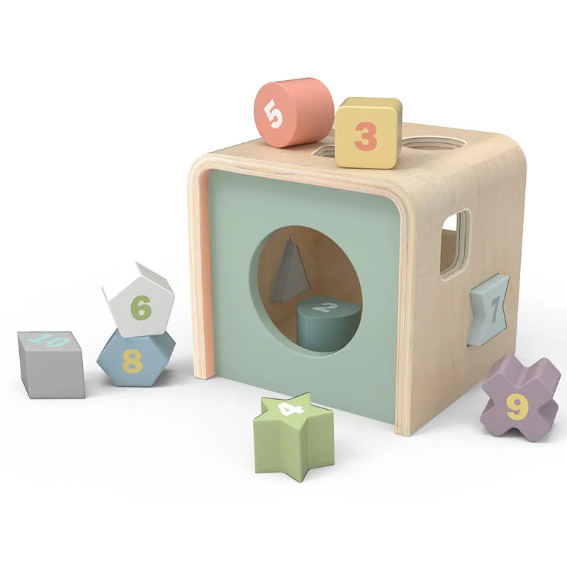 A wooden shape sorting cube with various holes for shapes, and colorful numbered shapes.
