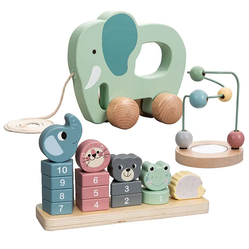 A set of three wooden children's toys including an elephant pull-along toy, a stacking tower with animal blocks, and a bead maze.