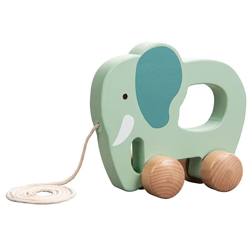 a wooden elephant pull-along toy in pastel green colour
