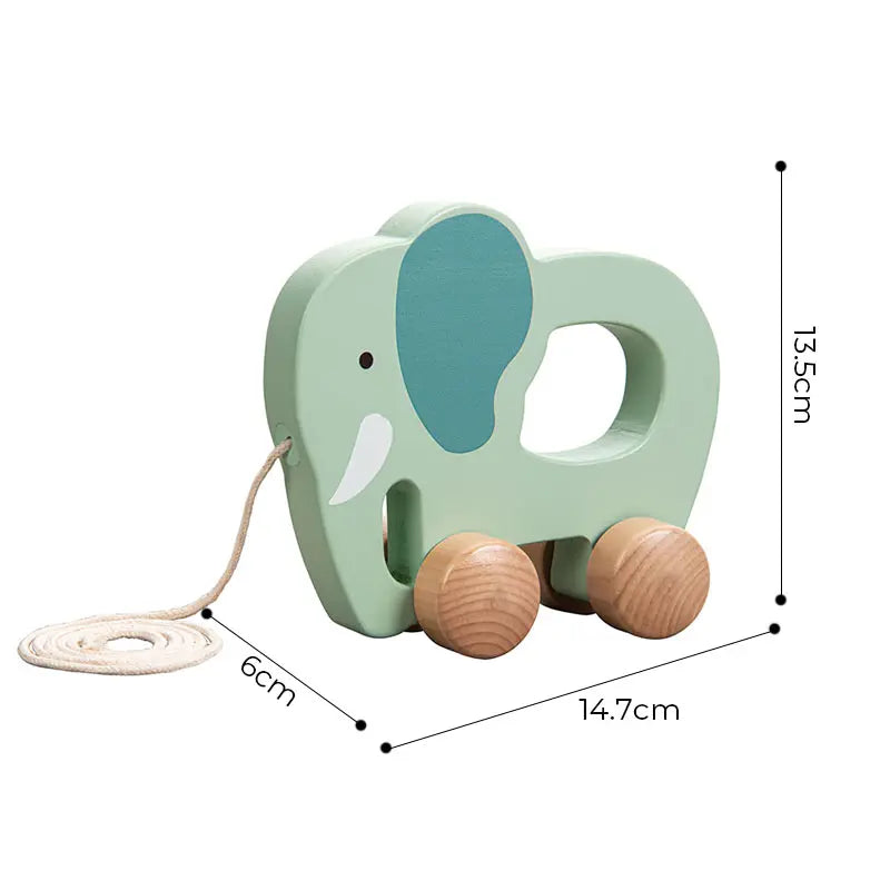 a wooden elephant pull-along toy, measures: 6cm*14.7cm*13.5cm