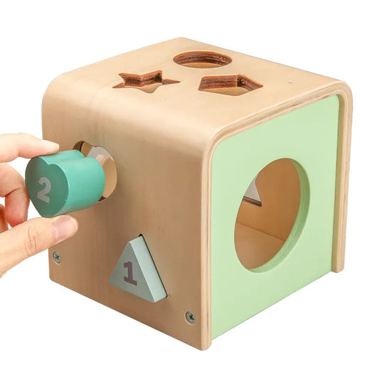 A wooden shape sorting cube with various holes for shapes, and colorful numbered shapes being inserted by a hand.